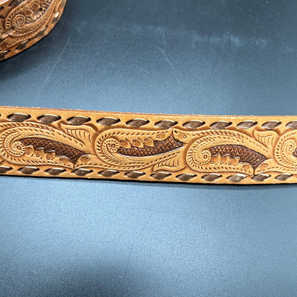 VTG Burton Mens Belt 34 Tooled Brown Leather Cowboy Western Square Stone Buckle - Picture 7 of 8